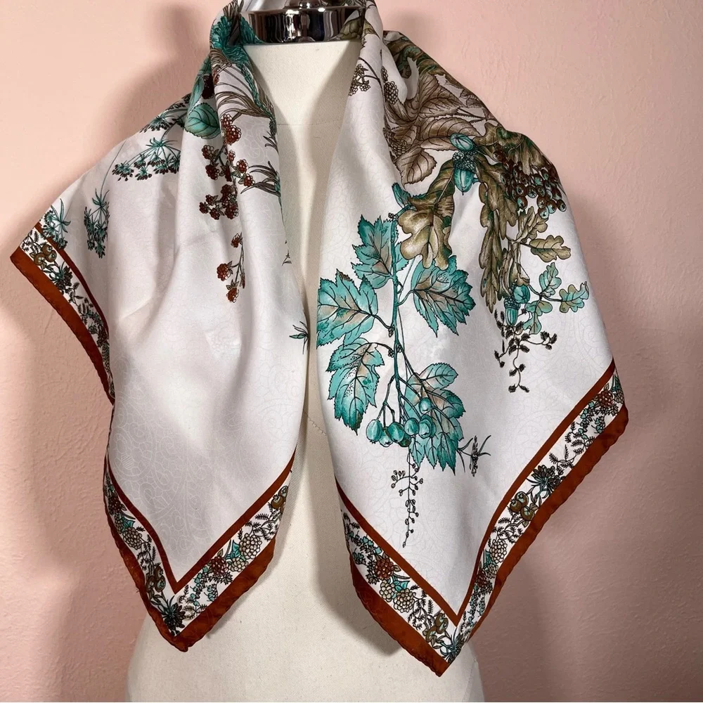 Vintage MCM Constanze  Fairycore Floral Mushroom Rust Aqua Jacquard silk Scarf